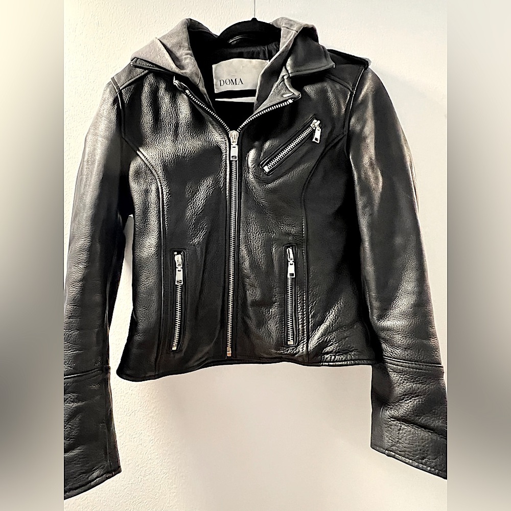 Genuine leather black DOMA biker jacket with removable hood